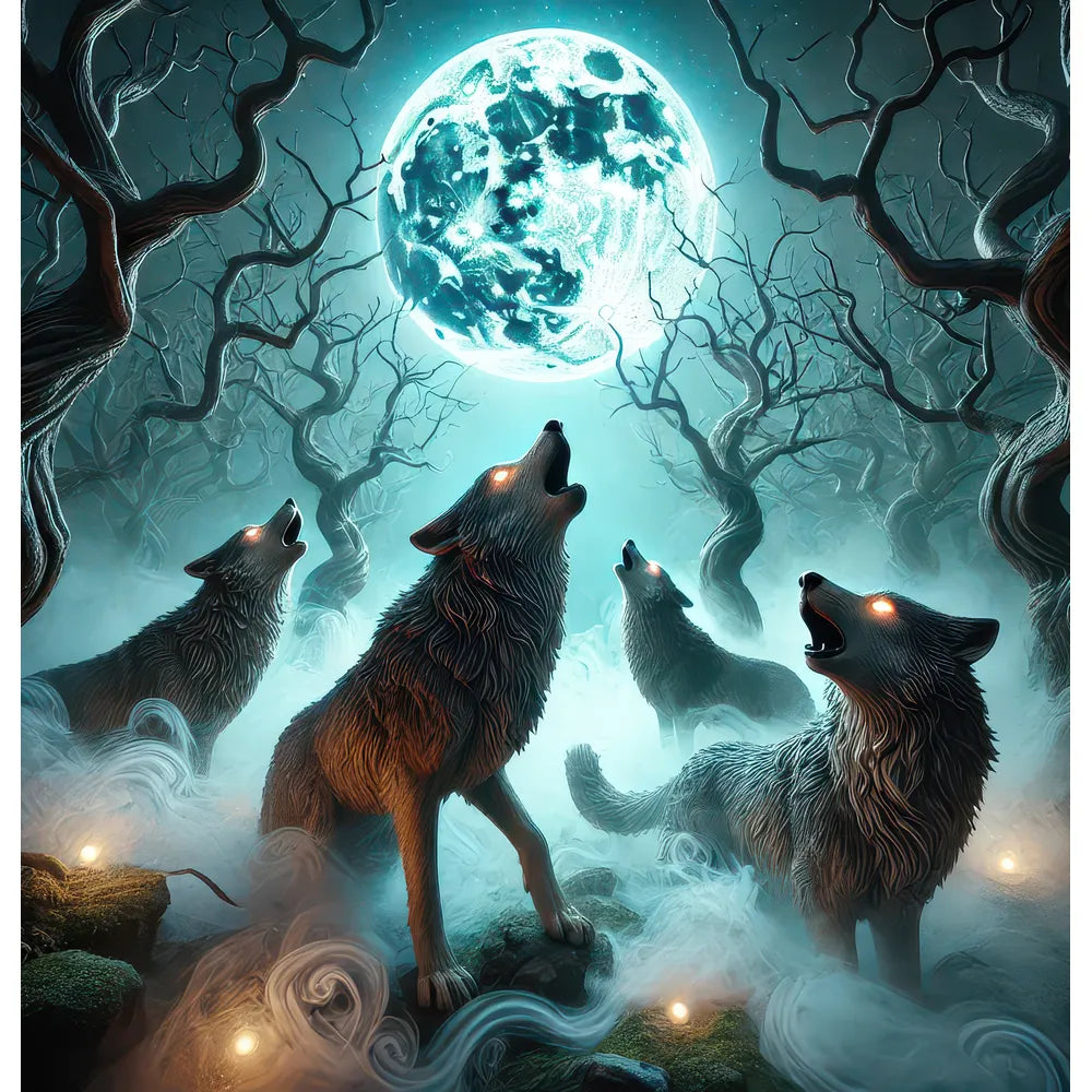 Three wolves howling at a luminous full moon in a misty, eerie forest with twisted trees and glowing orbs, creating a hauntingly beautiful nocturnal scene.