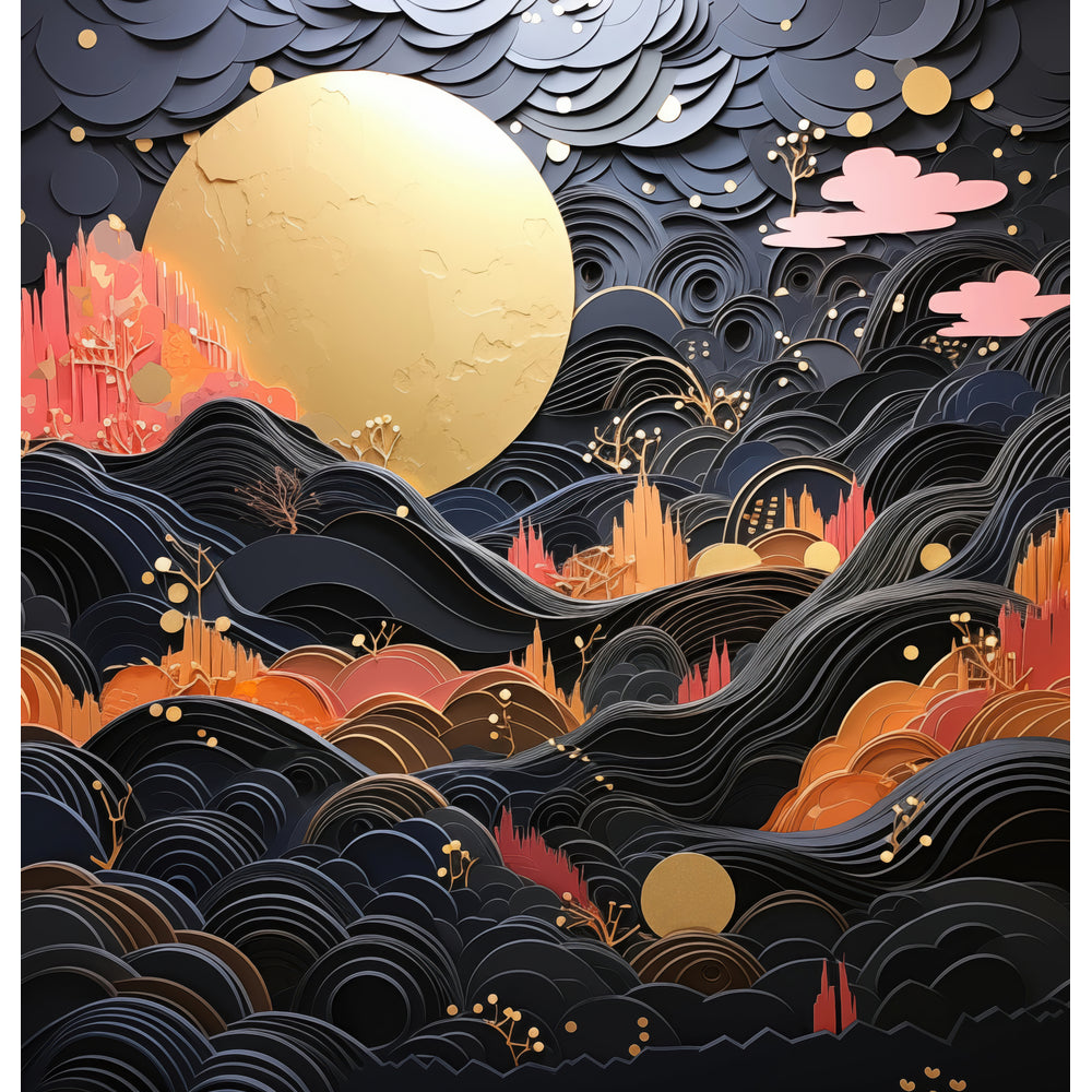 Moonlit Mirage: A mesmerizing shower curtain design with a grand golden moon, dark waves, vibrant coral mountains, and intricate paper-cut style details.