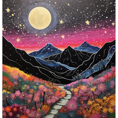 Moonlit Path: A stunning shower curtain design featuring a serene mountain landscape illuminated by a full moon and starry sky, with vibrant wildflowers lining a winding path.