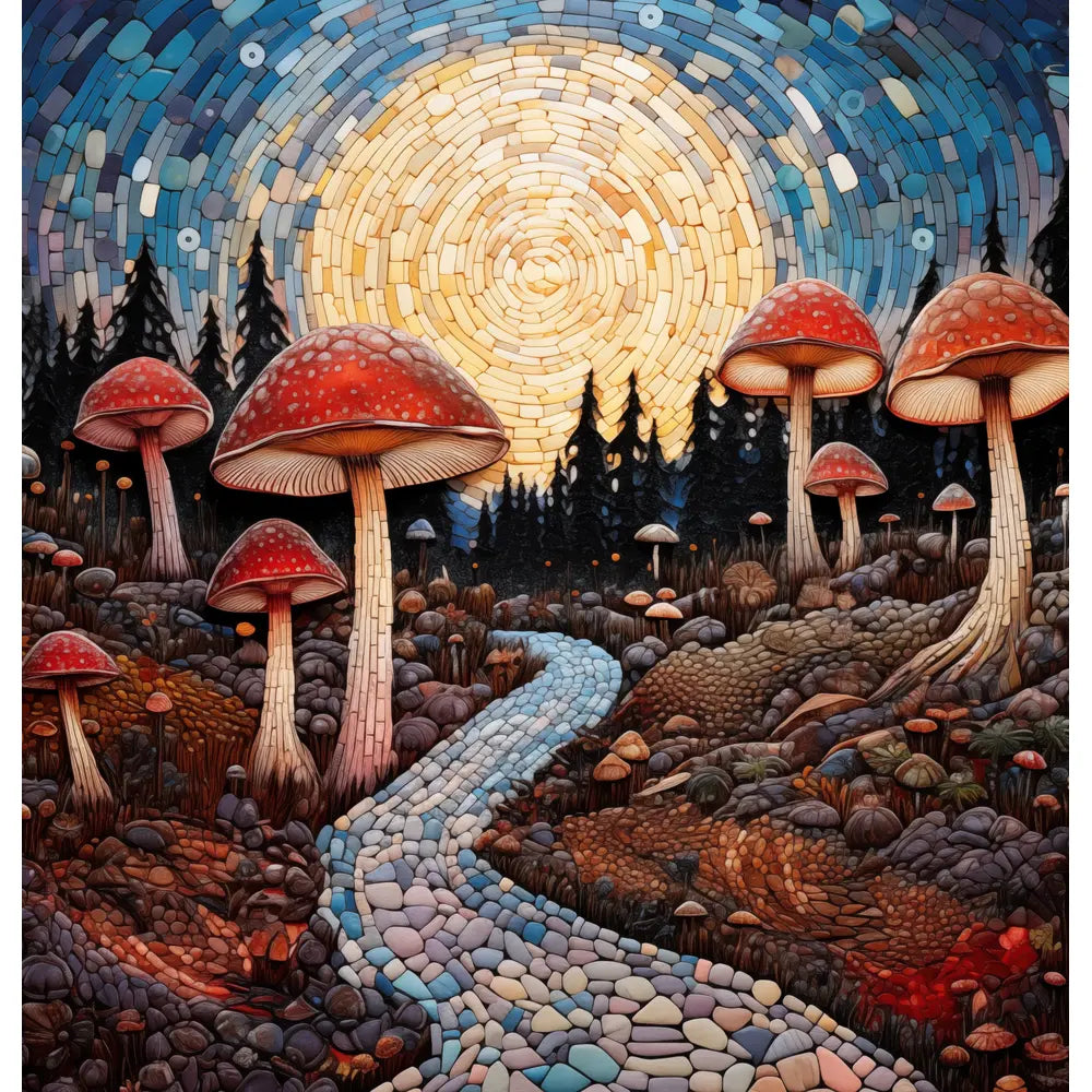 Mushroom Mosaic: An enchanting shower curtain design featuring a whimsical landscape of oversized mushrooms in a mosaic style, with a winding path and a radiant sun illuminating the sky in vibrant colors.