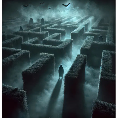 An enigmatic and atmospheric scene depicting a lone figure navigating a labyrinthine hedge maze under a moonlit sky, with mist swirling around and silhouettes of flying birds overhead, creating a haunting and mysterious ambiance.