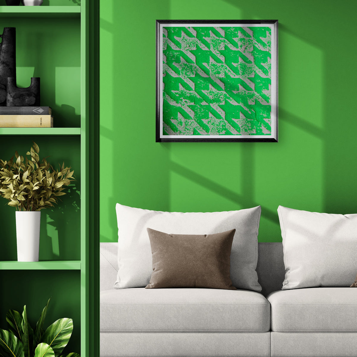 Neon Barro distressed green houndstooth art print displayed as 30 × 30 wall art in a black frame above a white sofa in a vivid green living room.