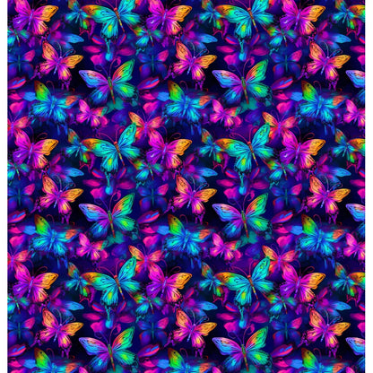 Neon Butterflies: A vibrant and eye-catching shower curtain design featuring colorful butterflies in shades of neon pink, blue, green, and orange against a deep dark background, creating a dazzling and energetic pattern.