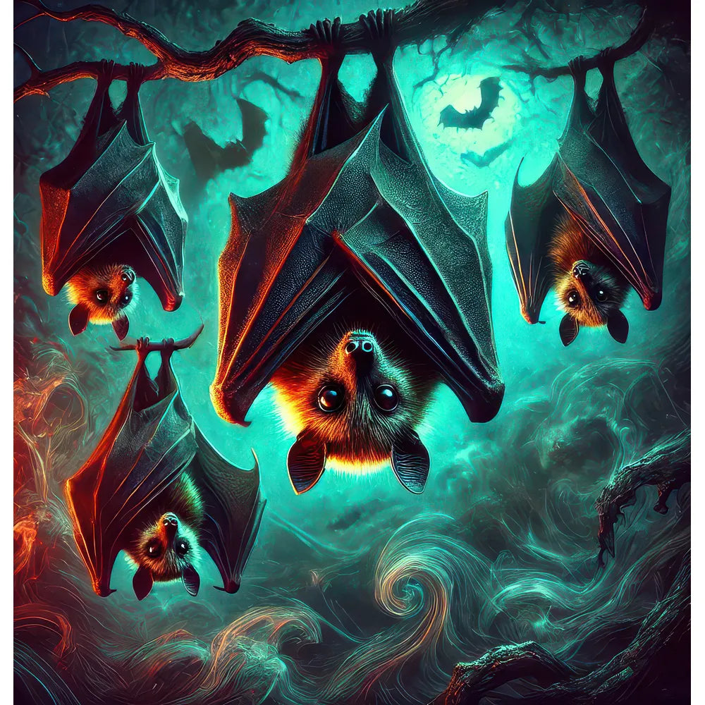 Four mysterious bats with glowing eyes suspended under a moonlit sky, creating an eerie yet fascinating Halloween scene.