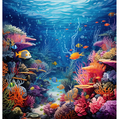 Ocean Paradise: A dynamic and colorful shower curtain design featuring a bustling underwater coral reef with an array of colorful corals, diverse marine life, and tropical fish against a serene blue ocean backdrop.