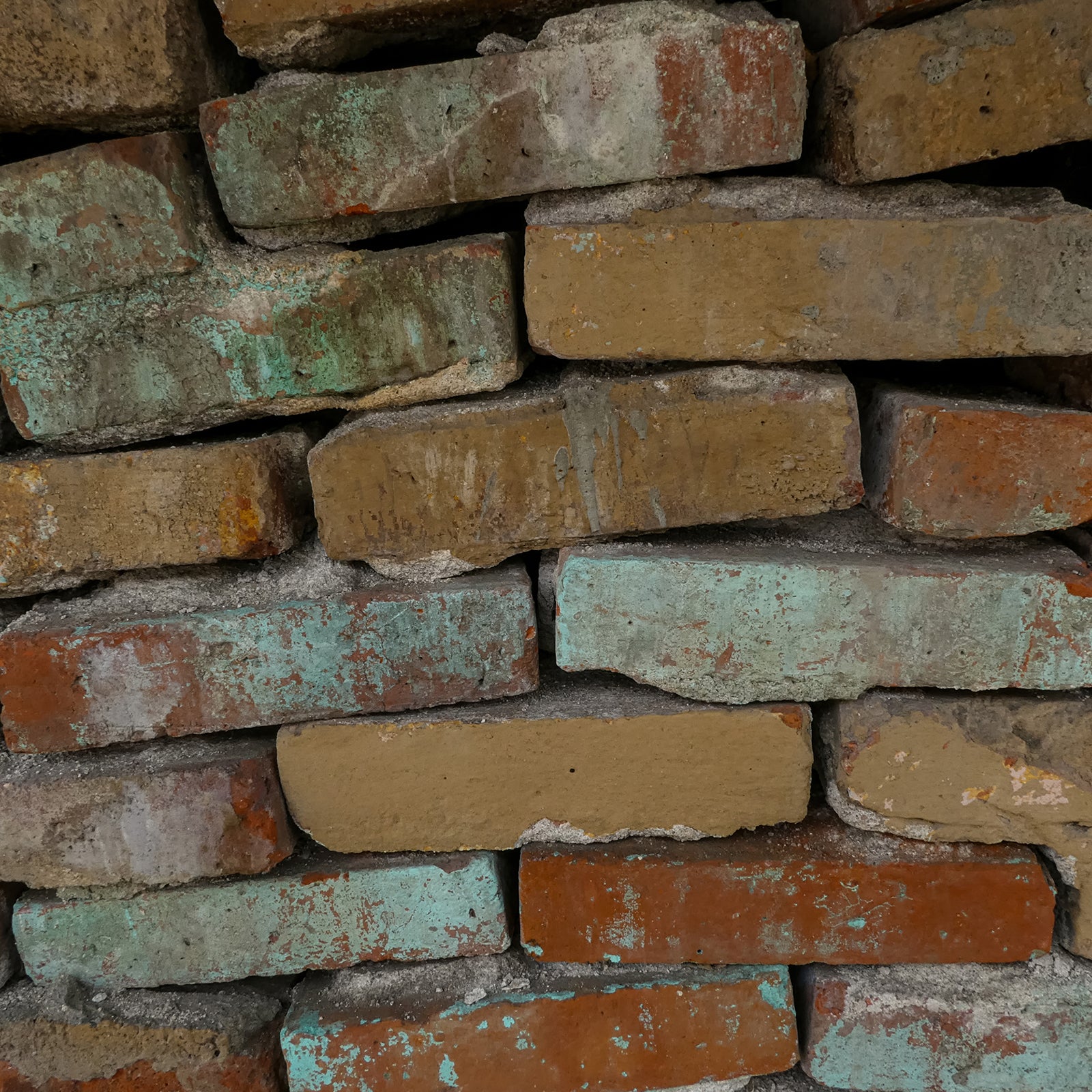 Stacked weathered bricks with faded mint, ochre and terracotta paint in a square architectural photography art print.