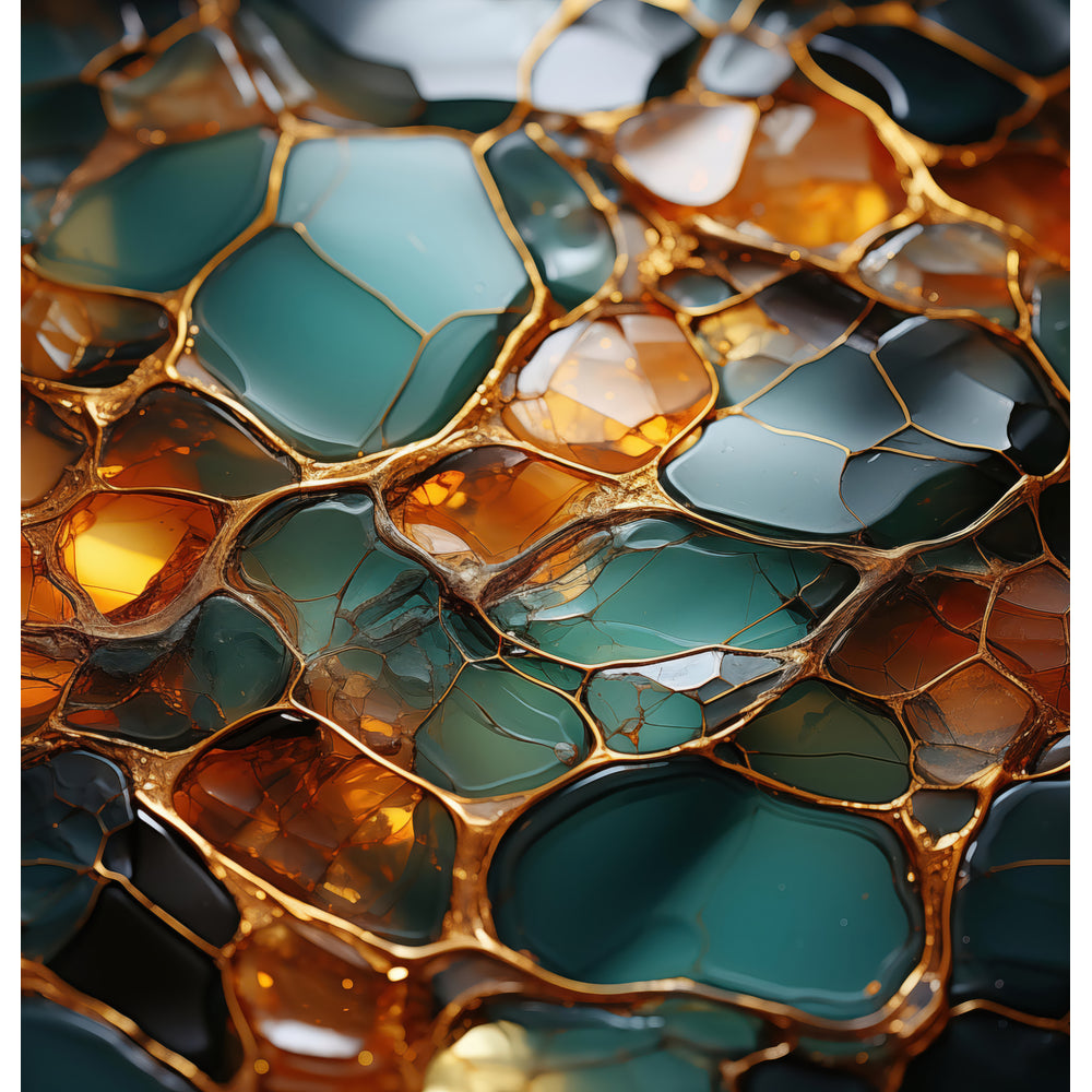 Patina Pools: An exquisite shower curtain design featuring a captivating blend of teal and amber hues, interwoven with metallic gold accents, resembling a mosaic of interconnected pools.