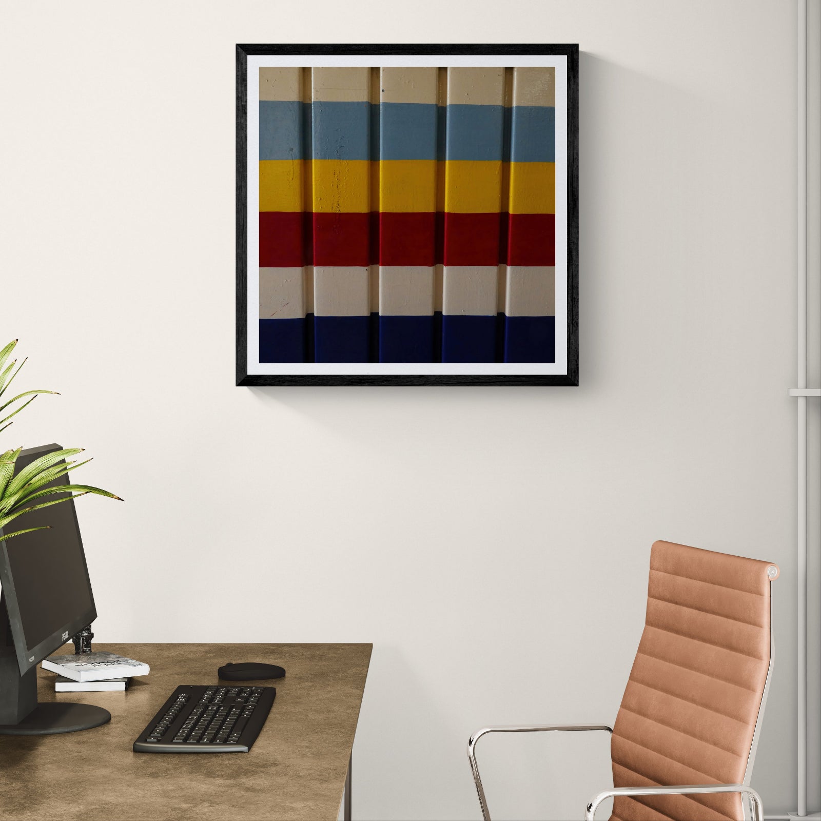 Pick a Lane colorful abstract photography art print displayed as 30 × 30 wall art in a black frame above a desk in a modern home office.