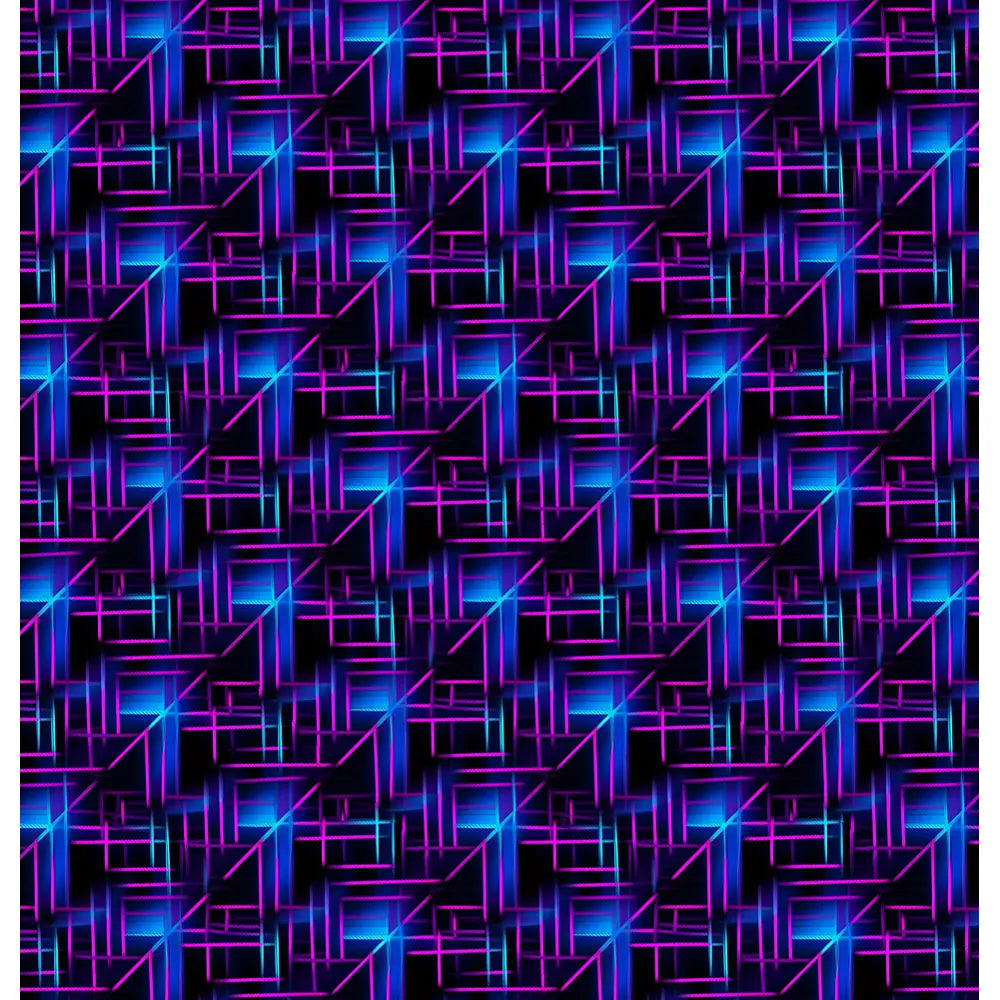 Quantum Nexus: A shower curtain featuring a pattern of intersecting electric blue and magenta lines on a dark background, creating a vibrant, futuristic design.