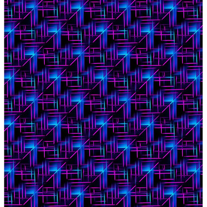 Quantum Nexus: A shower curtain featuring a pattern of intersecting electric blue and magenta lines on a dark background, creating a vibrant, futuristic design.