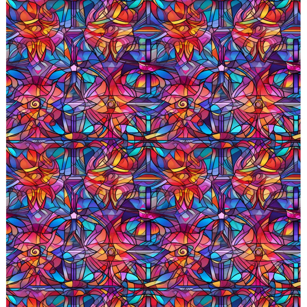 Radiant Mosaic: A stunning and intricate shower curtain design featuring vibrant stained glass-inspired colors in bold reds, vivid blues, bright oranges, and deep purples, creating a mesmerizing and dynamic pattern.