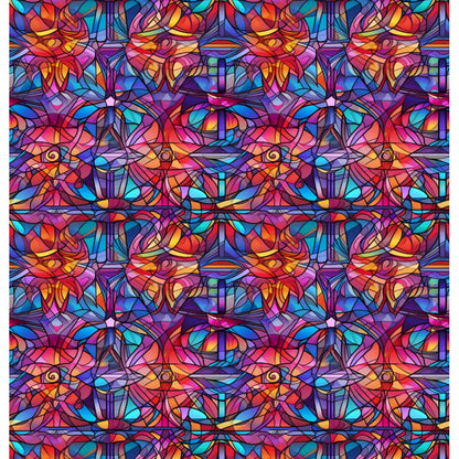 Radiant Mosaic: A stunning and intricate shower curtain design featuring vibrant stained glass-inspired colors in bold reds, vivid blues, bright oranges, and deep purples, creating a mesmerizing and dynamic pattern.