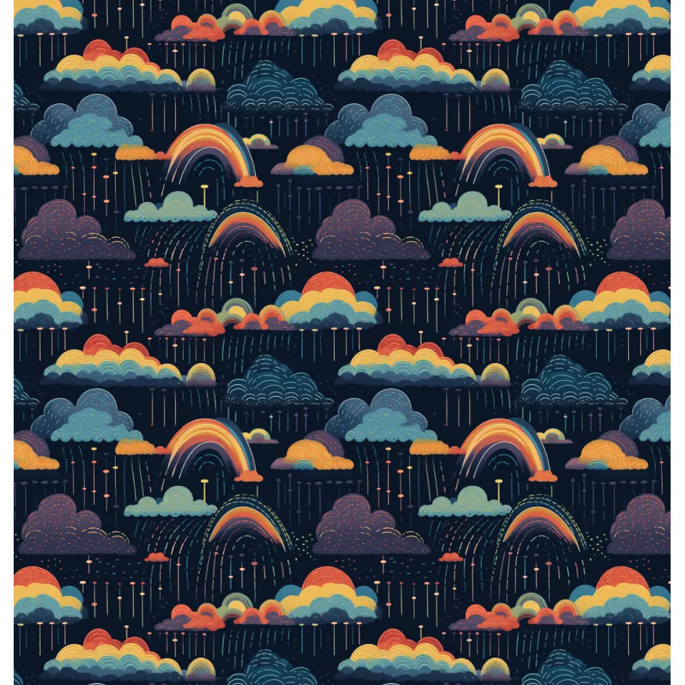 Rainbow Storm: A whimsical shower curtain design featuring colorful clouds and rainbows against a deep, dark sky, creating a lively and enchanting scene with vibrant elements.