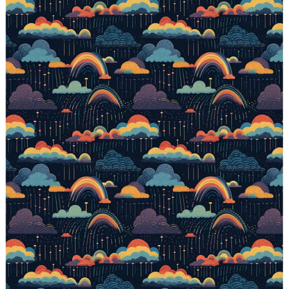 Rainbow Storm: A whimsical shower curtain design featuring colorful clouds and rainbows against a deep, dark sky, creating a lively and enchanting scene with vibrant elements.