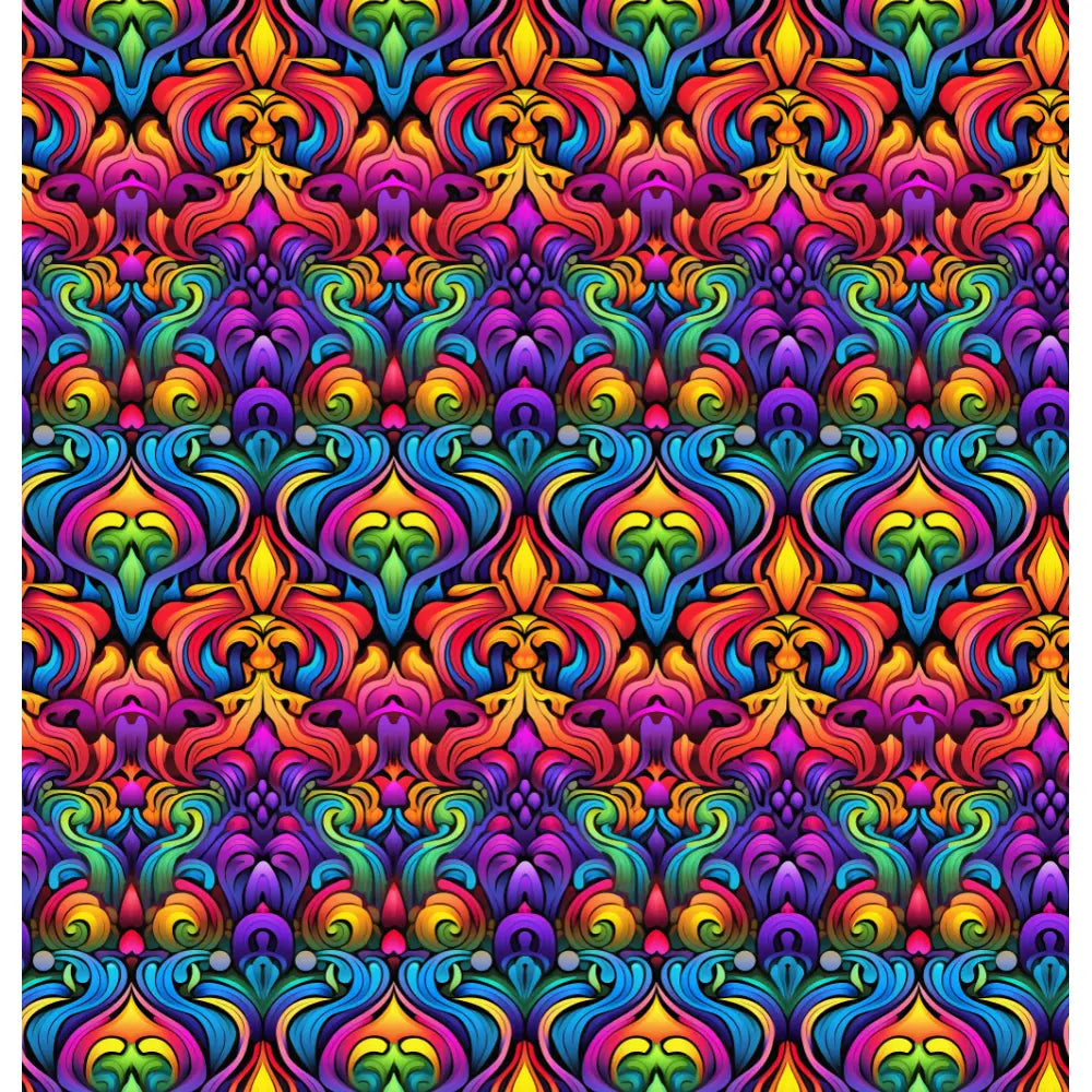 Rainbow Tapestry: A vibrant and intricate shower curtain design featuring bold colors woven into a mesmerizing pattern with red, blue, green, yellow, and purple hues, creating an ornate and harmonious composition.