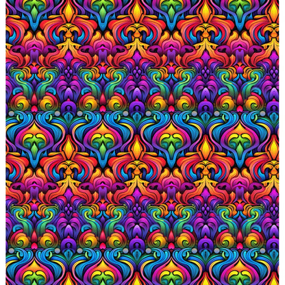 Rainbow Tapestry: A vibrant and intricate shower curtain design featuring bold colors woven into a mesmerizing pattern with red, blue, green, yellow, and purple hues, creating an ornate and harmonious composition.