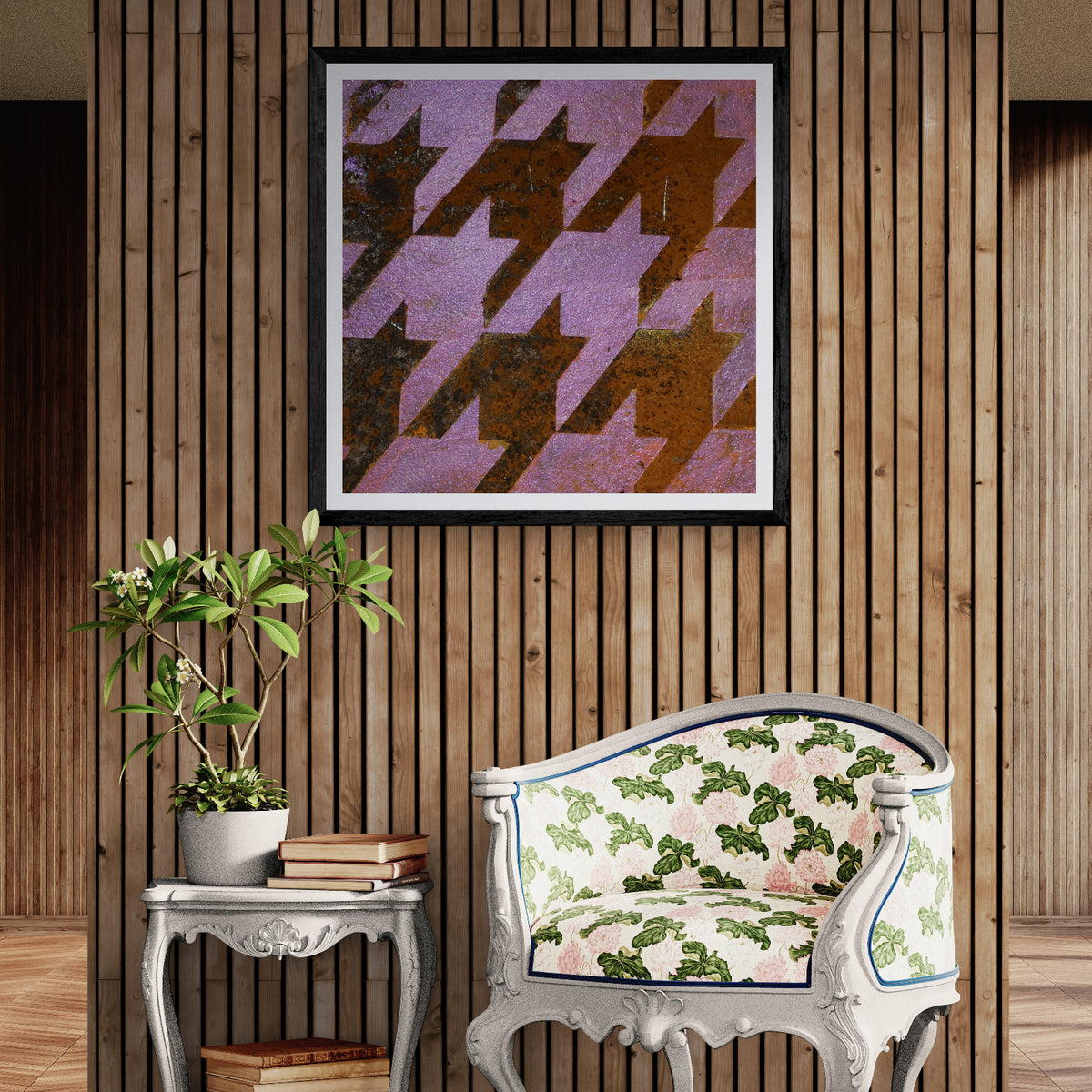 Rose Rust metallic pink houndstooth and rust photography art print displayed as 30 × 30 wall art in a black frame on a wood-paneled living room wall.