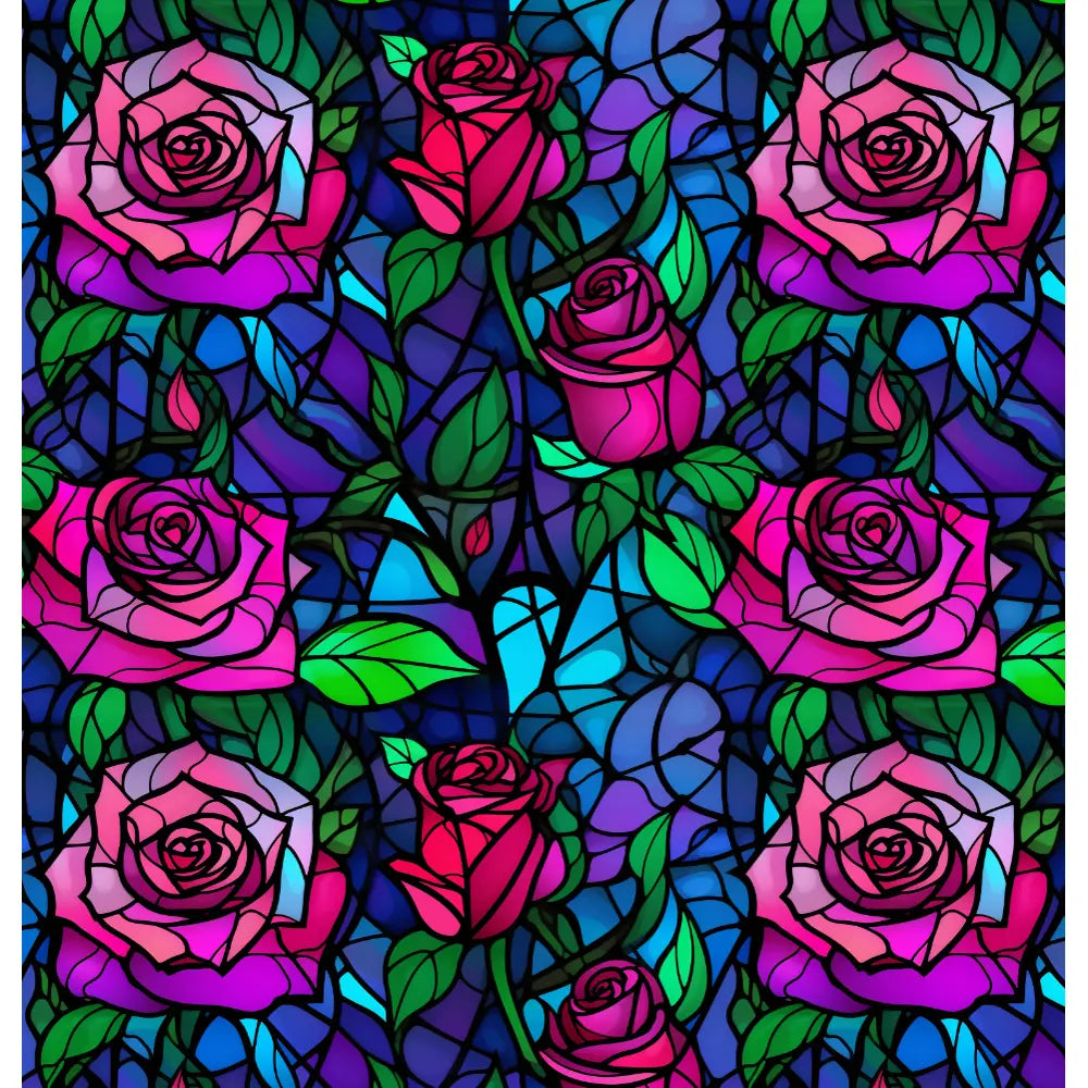 Rose Garden: A beautiful shower curtain design featuring vibrant magenta roses with green leaves against a background of deep blues and purples, inspired by stained glass art for a timeless and sophisticated look.