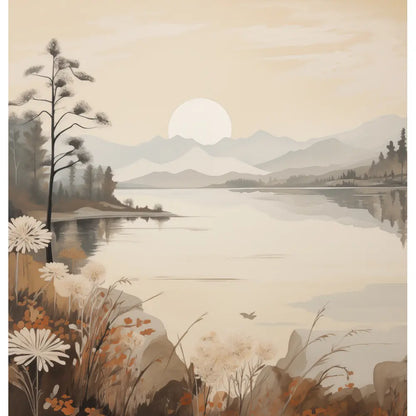 Serene Sunrise: A calming shower curtain design featuring a peaceful lakeside view at sunrise with soft, neutral colors of beige, brown, and light blue, creating a soothing and relaxing atmosphere.