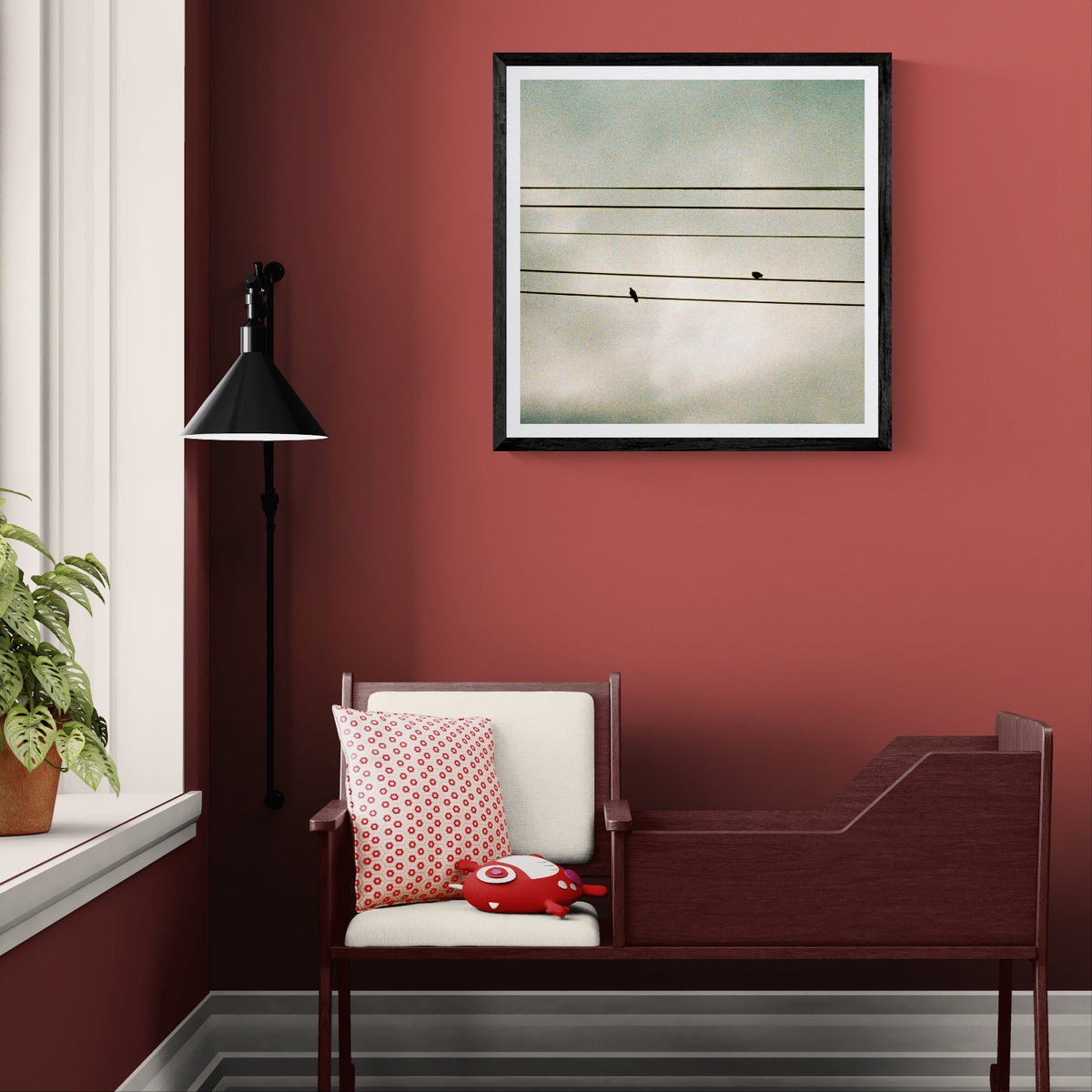 Silent Notes grainy film photograph of two silhouetted birds perched on power lines against a pale sky, displayed as 30 × 30 wall art in a black frame.