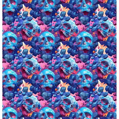 Skull Mosaic: A vibrant and intricate shower curtain design featuring blue crystal skulls intertwined with colorful geometric shapes in shades of blue, pink, and purple, creating a visually captivating and edgy design.