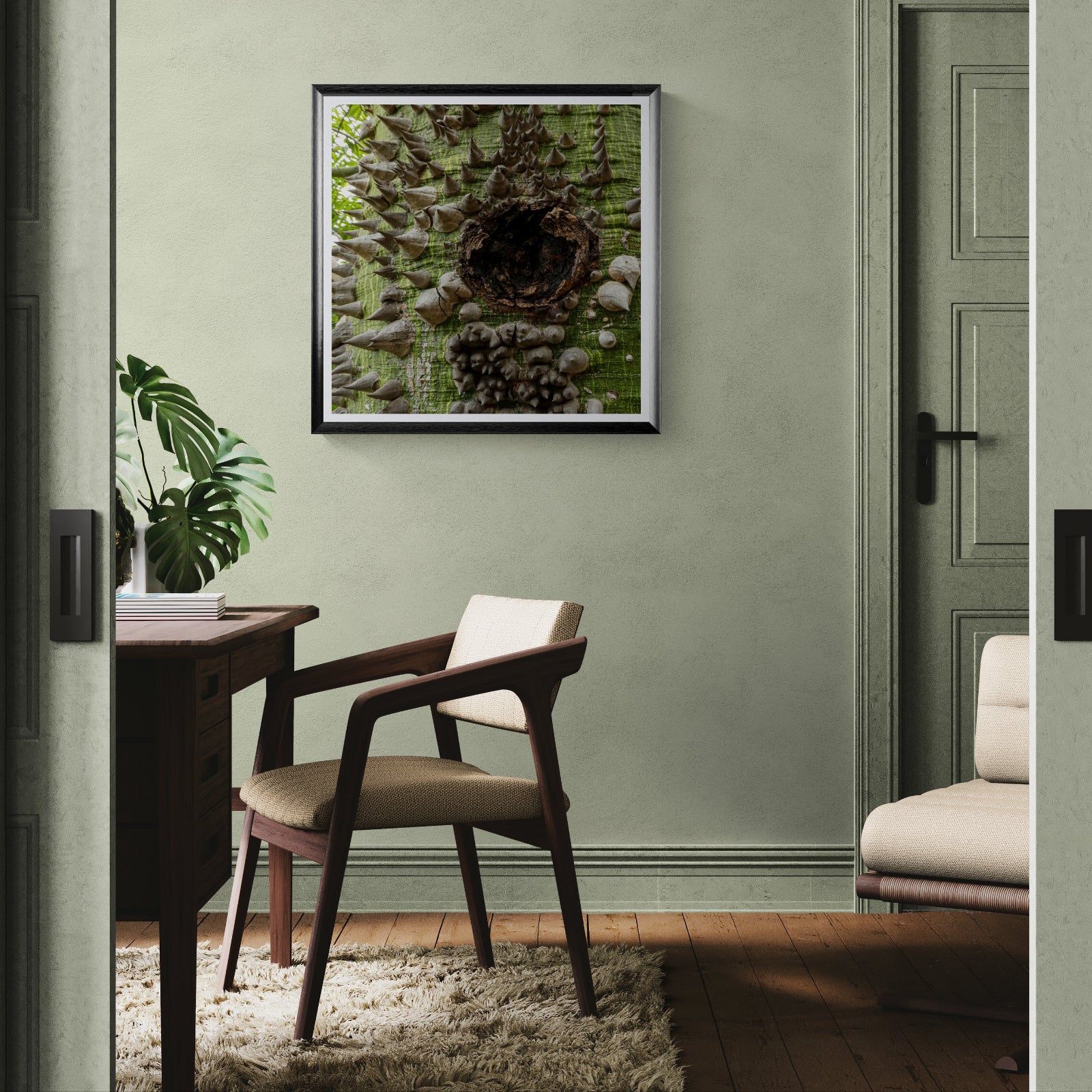 Soft Spot pochote tree photography art print displayed as 30 × 30 wall art in a black frame in a muted green home office.