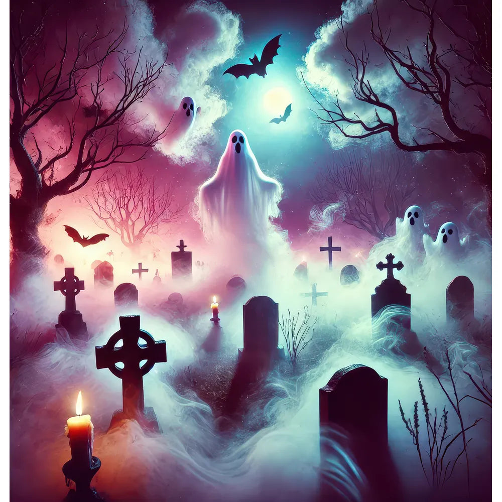 A haunting graveyard scene under a mystical twilight sky, with ethereal ghosts floating among old tombstones surrounded by eerie mist, candlelit vigils, and silhouetted trees, enhancing the spooky Halloween atmosphere.