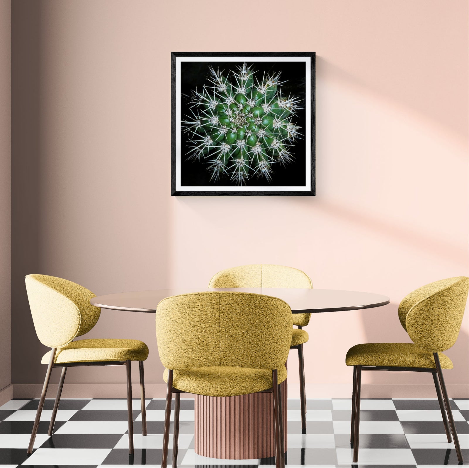 Star Power cactus photography art print in a black frame displayed as 30 × 30 wall art above a dining table in a modern pink room.