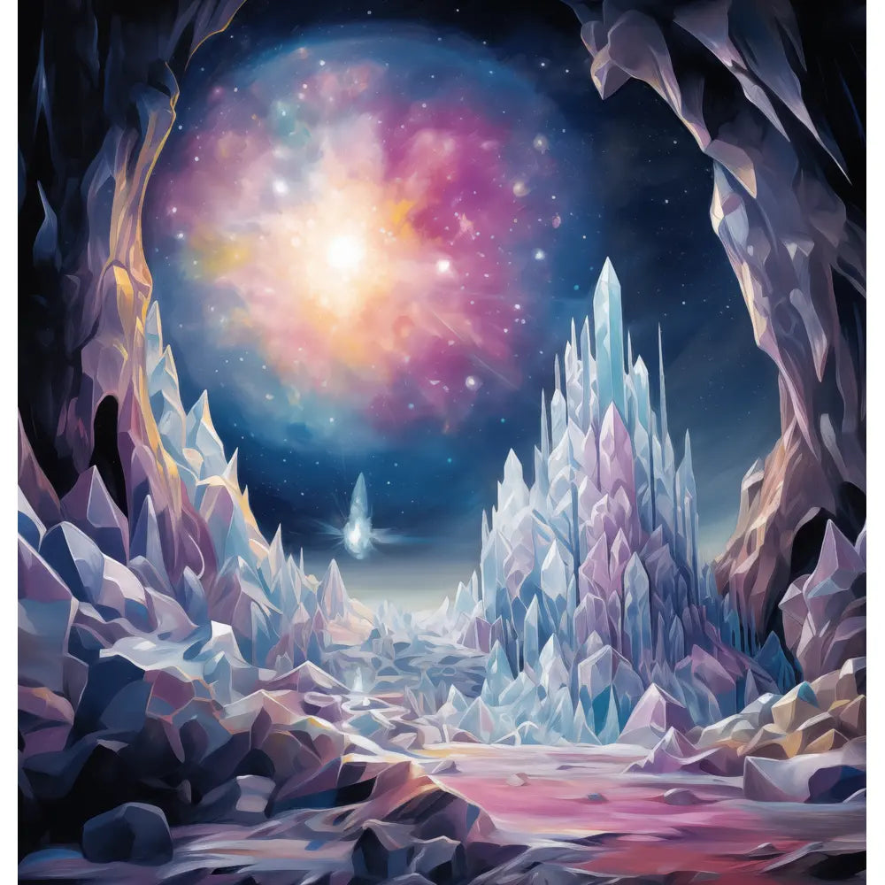 Stellar Realm: An enchanting shower curtain design featuring shimmering crystal formations under a vibrant cosmic sky with a radiant nebula, creating a magical and surreal atmosphere.