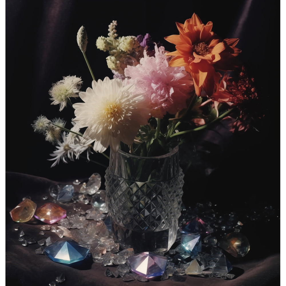 Still Radiance: An elegant shower curtain design featuring a classic still life arrangement of vibrant flowers in a crystal vase, surrounded by shimmering crystals against a dark background.