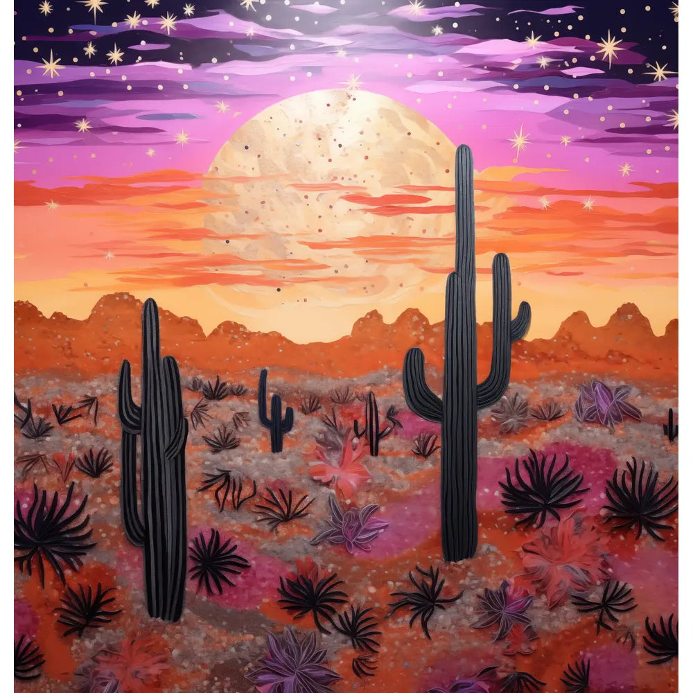 Sunset Glow: A vibrant shower curtain design featuring a desert sunset with towering cacti silhouetted against a dramatic sky in shades of purple, pink, and orange, with a glowing full moon rising in the background.