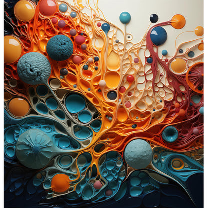 Tendril Harmony: A captivating shower curtain design featuring vibrant colors and fluid tendrils forming a harmonious blend of interconnected orbs and flowing shapes in blues, oranges, reds, and creams.