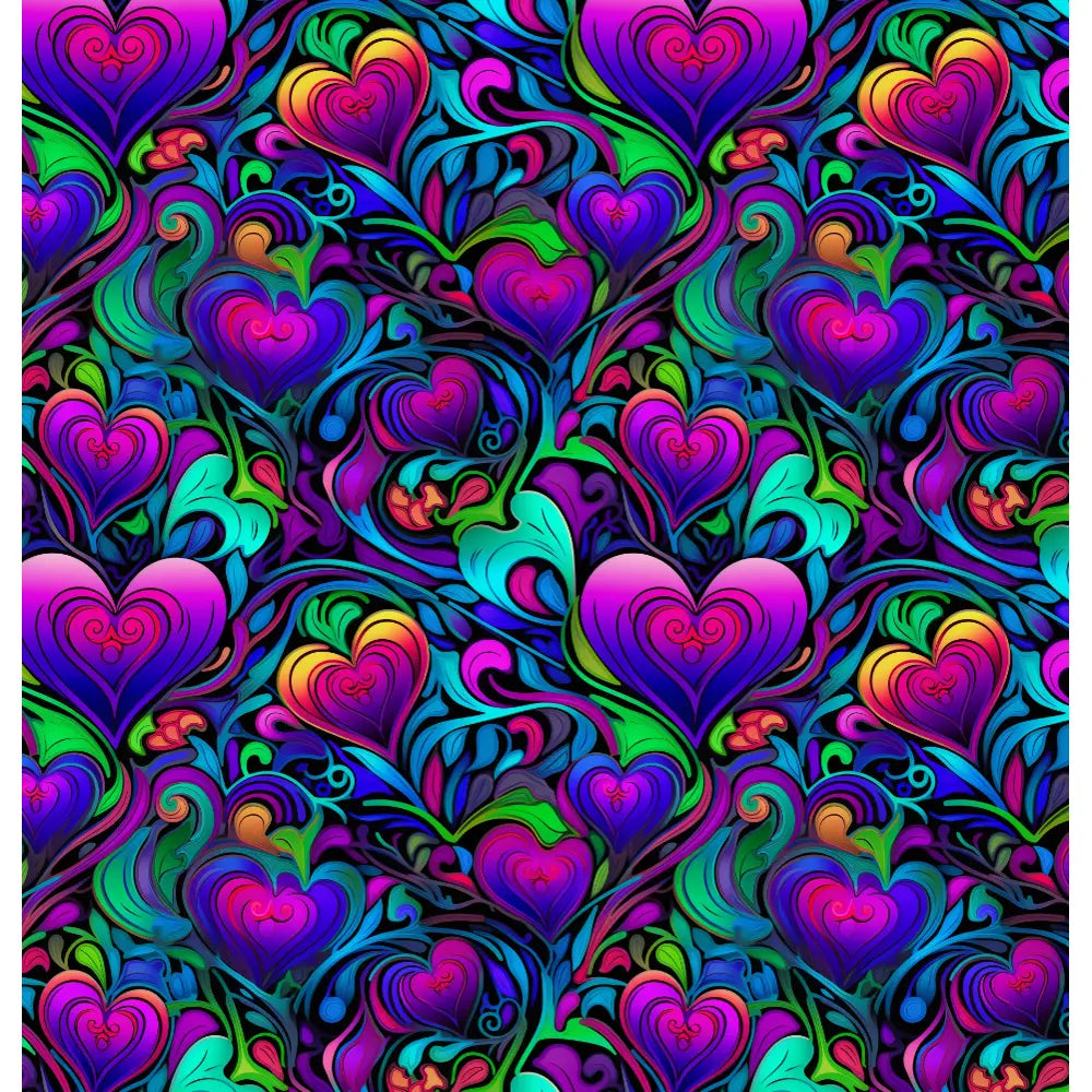 Trippy Hearts: A vibrant and psychedelic shower curtain design featuring colorful, swirling hearts in bold hues of purple, pink, green, blue, and yellow, creating a dynamic and kaleidoscopic visual effect.