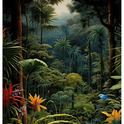 Tropical Oasis: A vibrant and lush shower curtain design featuring dense jungle foliage, vibrant flowers, and colorful birds set against a deep, verdant backdrop, capturing the essence of a tropical rainforest.