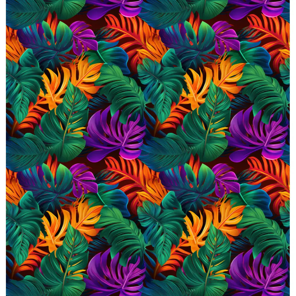 Tropical Radiance: A shower curtain featuring a vibrant array of tropical foliage in shades of green, orange, purple, and blue, creating an exotic, nature-inspired design.