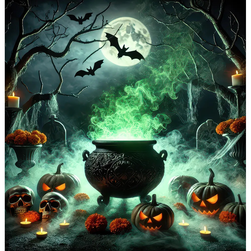 A mystical Halloween scene under a full moon with a bubbling witch's cauldron emitting green smoke, surrounded by glowing jack-o'-lanterns, skulls, and candles, set against a backdrop of twisted trees and flying bats.